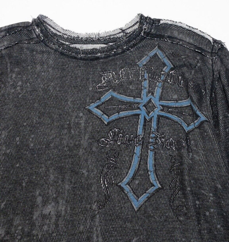 Affliction T-Shirt Reversible Men's XL Skull Gray Black Distressed Frayed Cross
