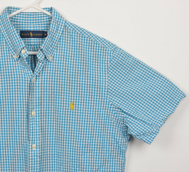 Polo Ralph Lauren Men's Medium Seersucker Aqua Blue Gingham Short Sleeve Shirt