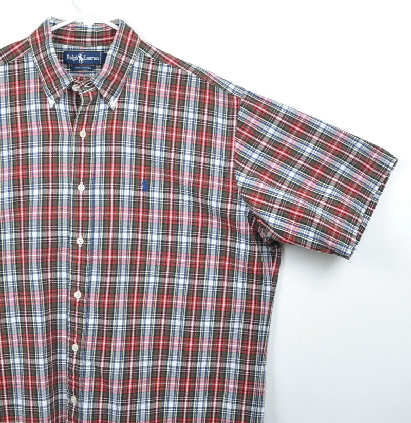 Polo Ralph Lauren Men's Sz Large Seersucker Red Green Plaid Short Sleeve Shirt