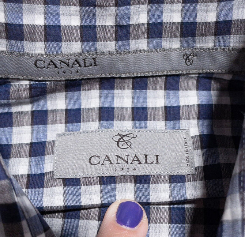 Canali Shirt Men's Medium Long Sleeve Button-Down Blue Gray Check Italy Designer