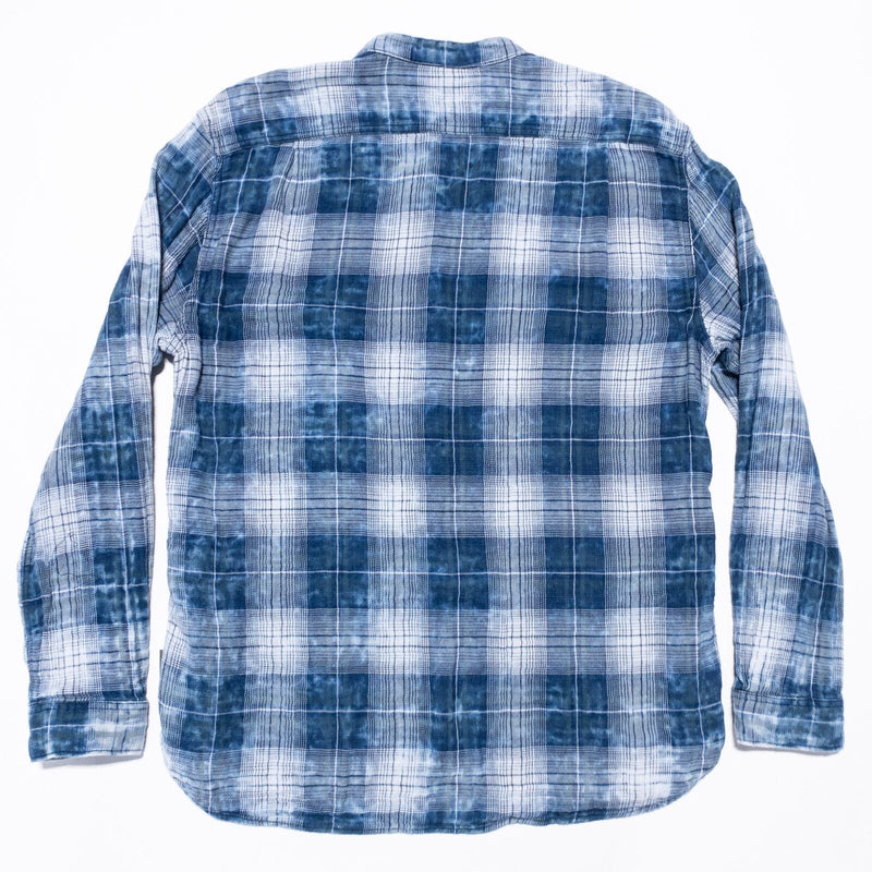 John Varvatos Pearl Snap XL Men's Shirt Blue Plaid Acid Wash Band Collar