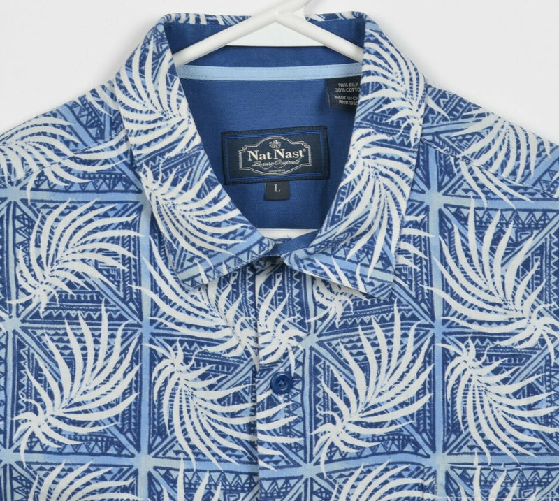 Nat Nast Men's Large Silk Blend Blue Geometric Hawaiian Bowling Retro Shirt