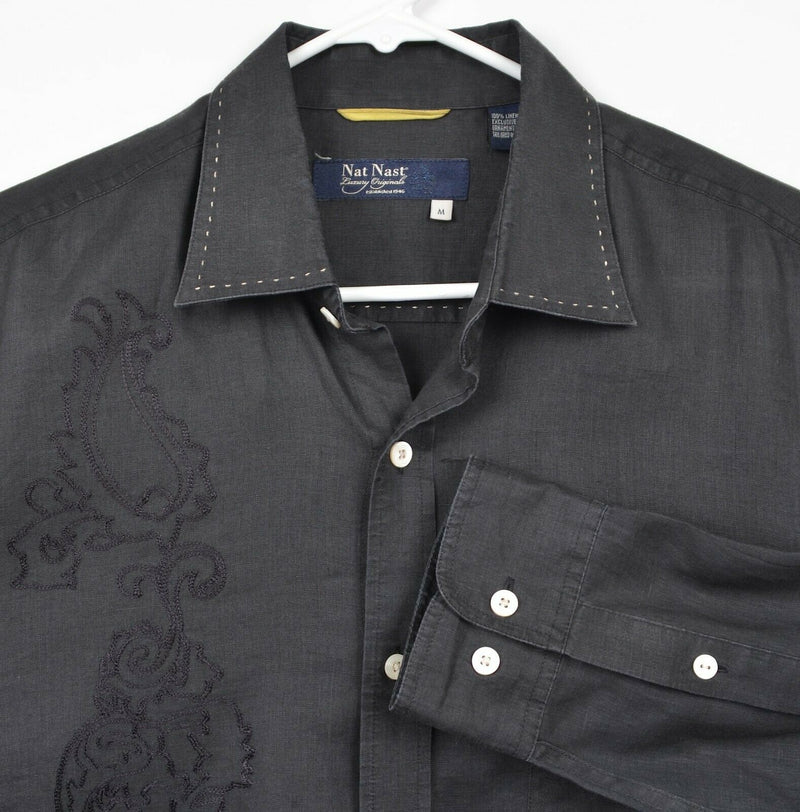 Nat Nast Men's Sz Medium 100% Linen Paisley Embroidered Black Hawaiian Shirt
