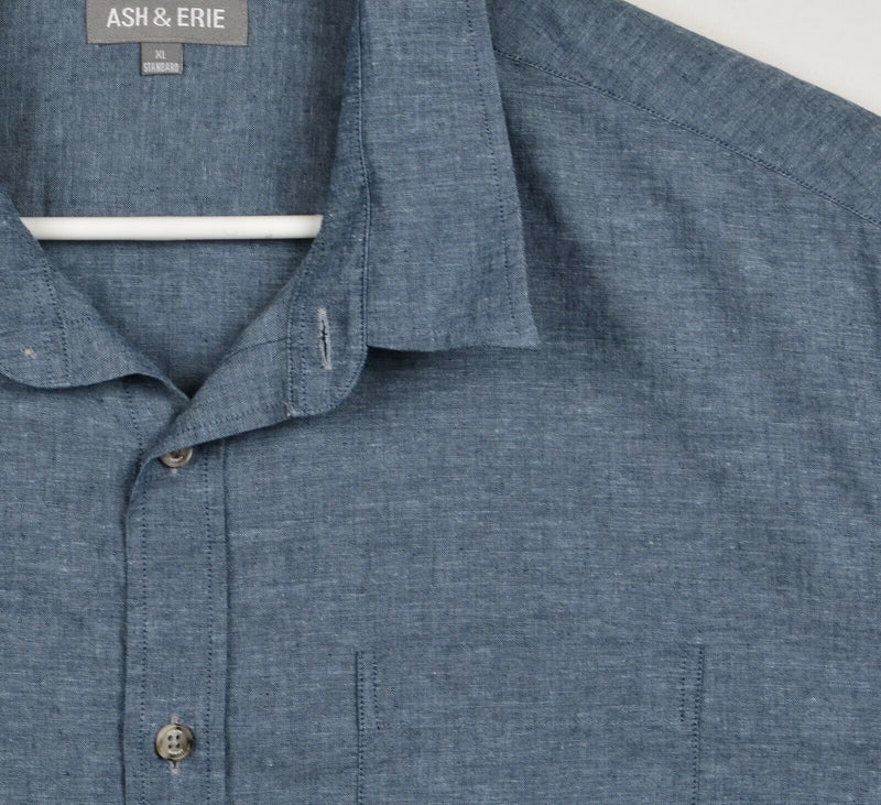 Ash & Erie Men's XL Standard Fit Linen Denim Blue Chambray Button-Front Shirt