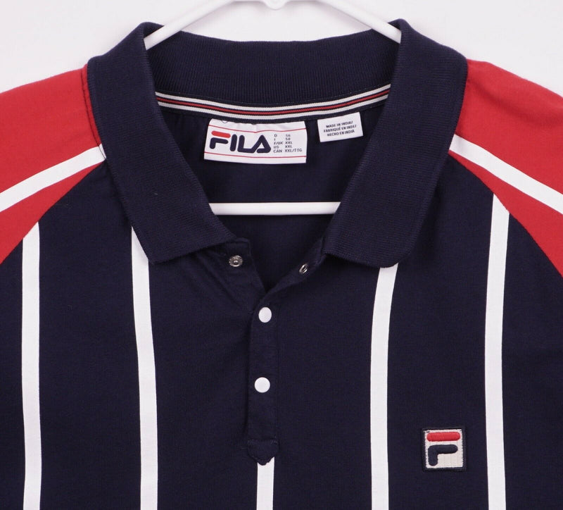 Vtg 90s FILA Men's Sz 2XL Snap Collar Blue Red Striped Tennis Polo Shirt