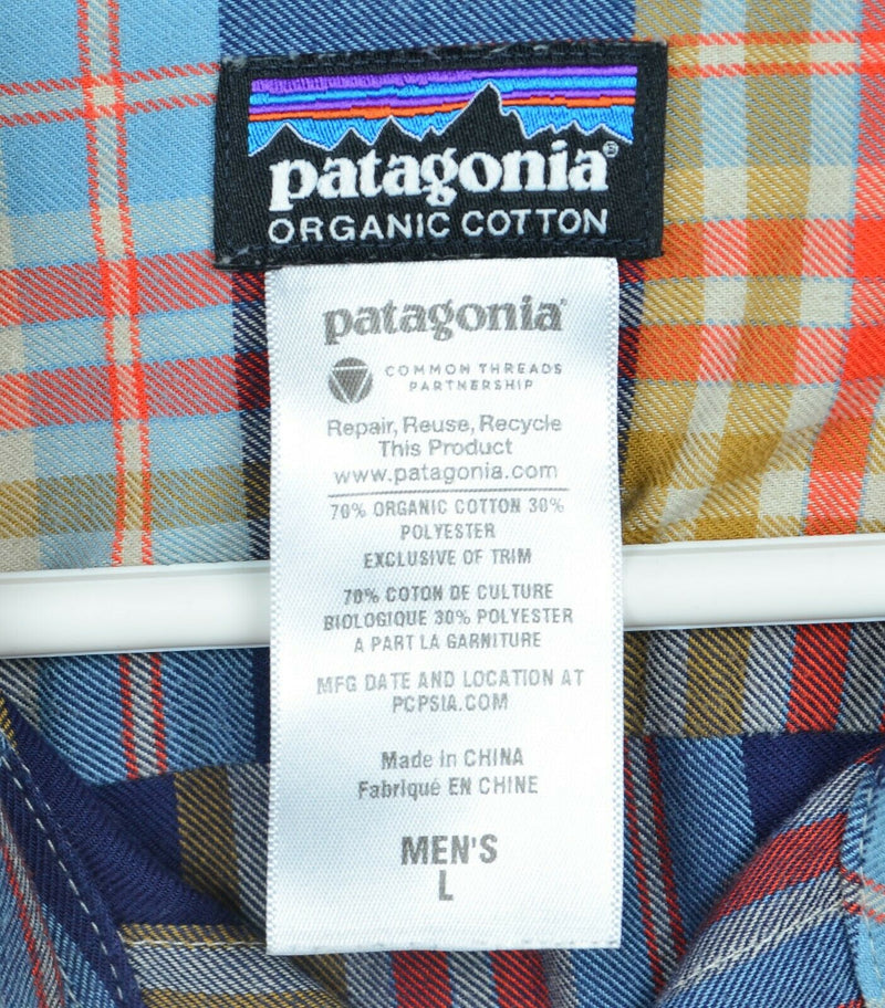 Patagonia Organic Cotton Men's Large Navy Orange Plaid Buckshot Flannel Shirt
