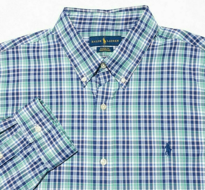 Polo Ralph Lauren Performance Shirt Nylon Wicking Green Blue Plaid Men's 2XL