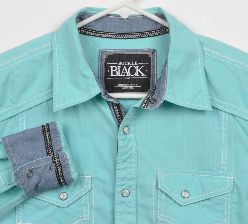 Buckle Black Men's Small Tapered Fit Pearl Snap Flip Cuff Aqua Blue Shirt