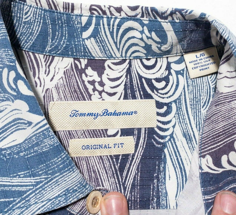 Tommy Bahama Silk Shirt Large Hawaiian Waves Original Fit Kanagawa Purple Blue