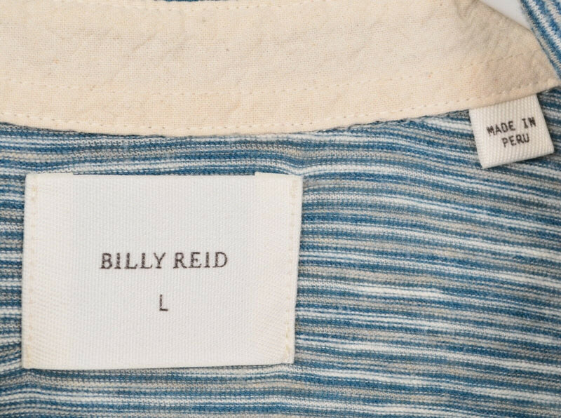 Billy Reid Men's Sz Large Blue Striped Cotton Polyester Blend Pocket Polo Shirt