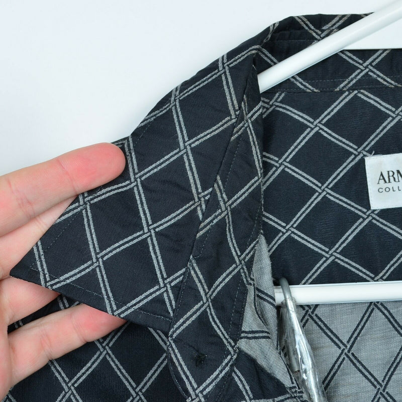 Armani Collezioni Men's Medium Nylon Viscose Black Gray Geometric Designer Shirt