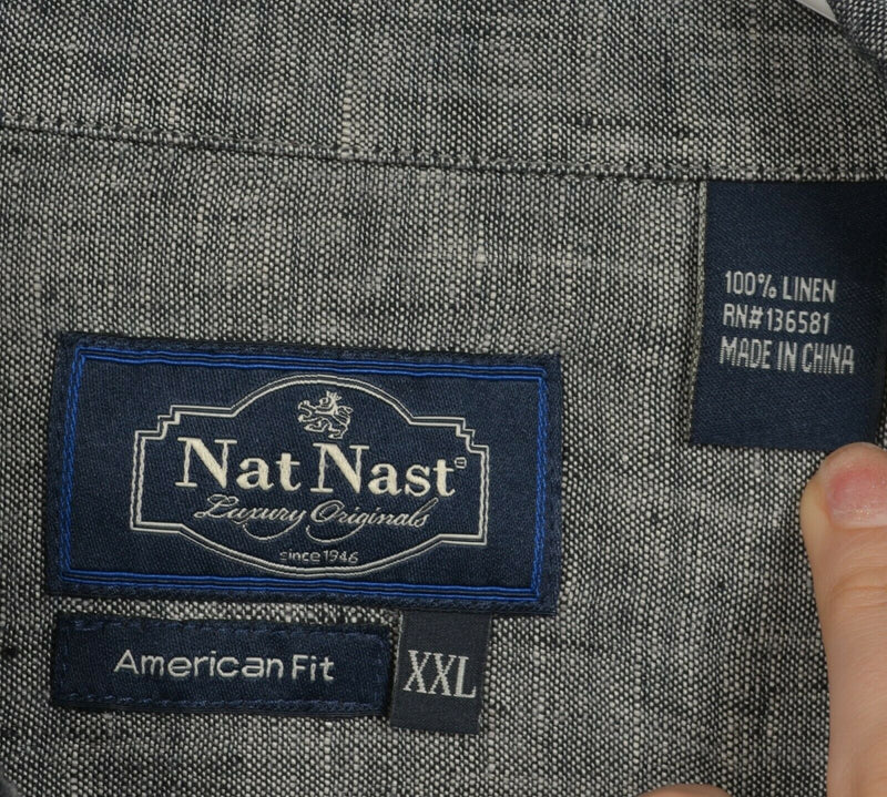 Nat Nast Men's 2XL American Fit 100% Linen Gray Ruffle Panel Hawaiian Camp Shirt