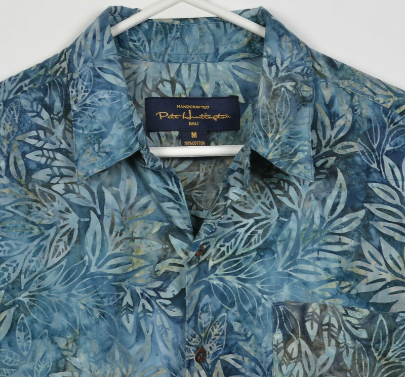 Pete Huntington Men's Medium Floral Leaf Blue Green Button-Front Hawaiian Shirt