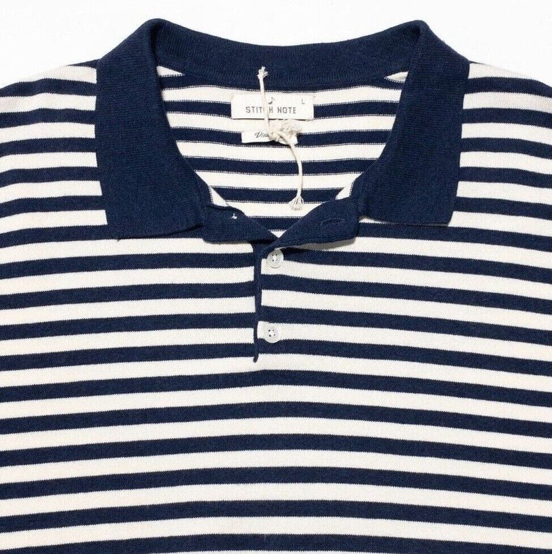 Stitch Note Woven Polo Large Men's Shirt Navy Blue White Striped Short Sleeve