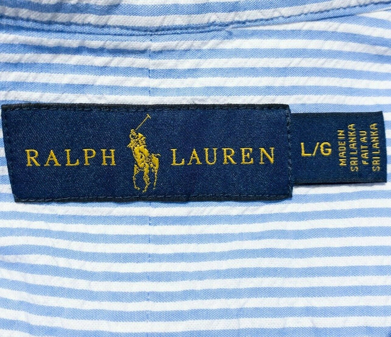 Polo Ralph Lauren Seersucker Shirt Large Men's Blue Striped Button-Down Preppy