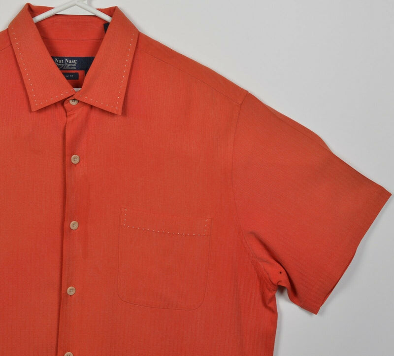 Nat Nast Men's Large American Fit 100% Silk Orange Hawaiian Bowling Retro Shirt