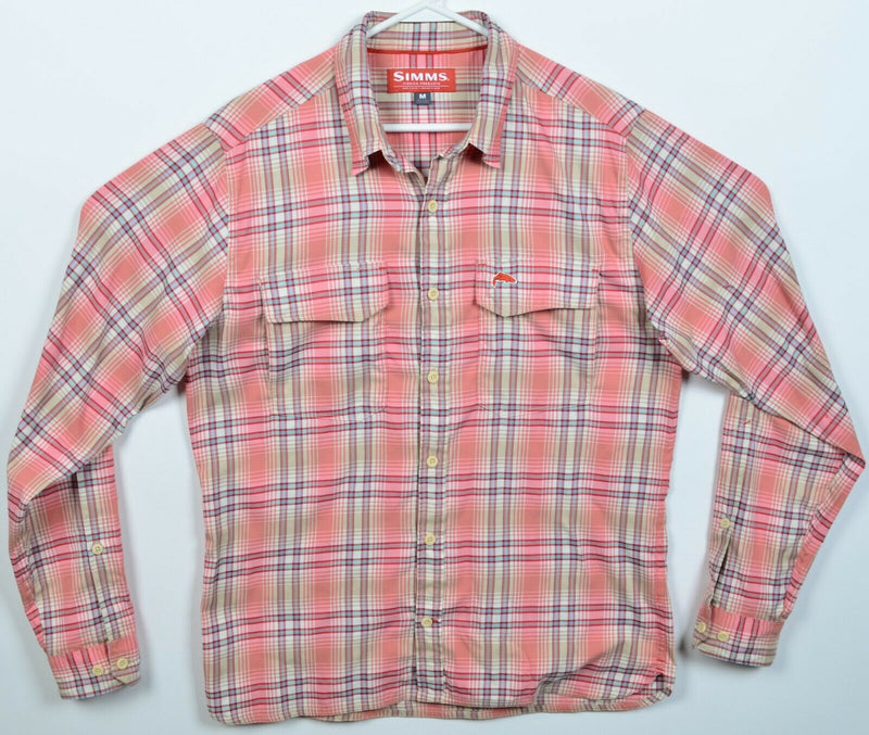 Simms Fishing Men's Medium Coral Pink Plaid Polyester Nylon Button-Down Shirt