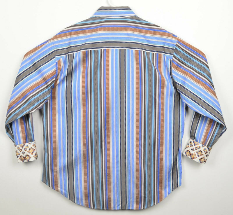 Robert Graham Men's Large Flip Cuff Blue Brown Striped Geometric Designer Shirt