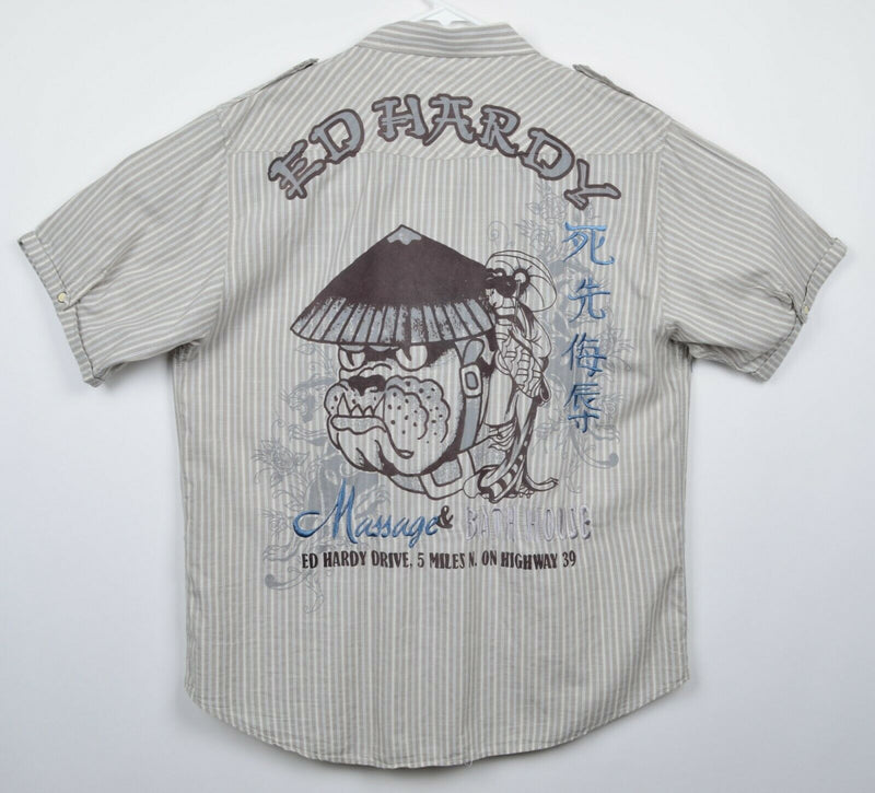 Ed Hardy Men's Sz XL Pearl Snap Dog "Massage & Bathhouse" Short Sleeve Shirt