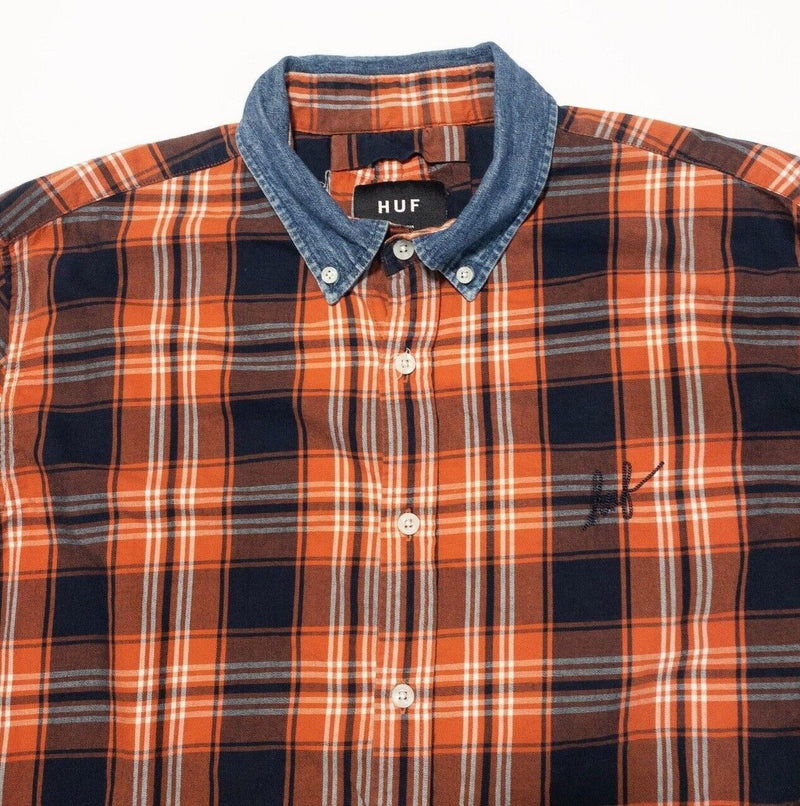 HUF Shirt Large Men's Orange Plaid Denim Collar Long Sleeve Button-Down Logo