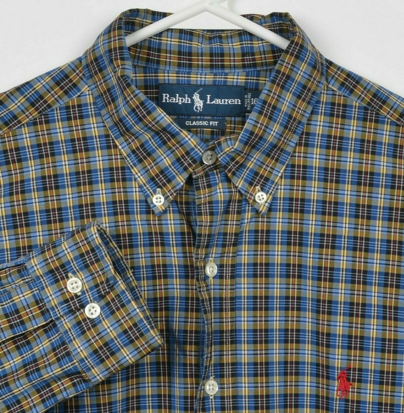 Polo Ralph Lauren Men's Large Classic Fit Blue Yellow Plaid Button-Down Shirt