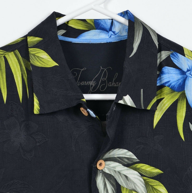 Tommy Bahama Men's Large 100% Silk Black Blue Green Floral Hawaiian Aloha Shirt