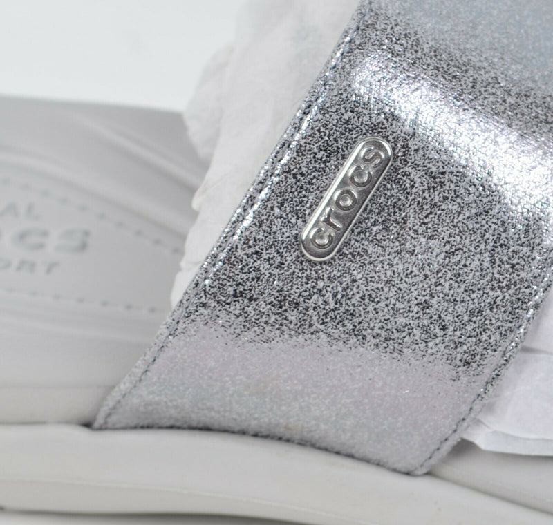 Crocs Women's US 10 Capri Dual Strap Pearl White Gray Glitter Slip-On Sandal