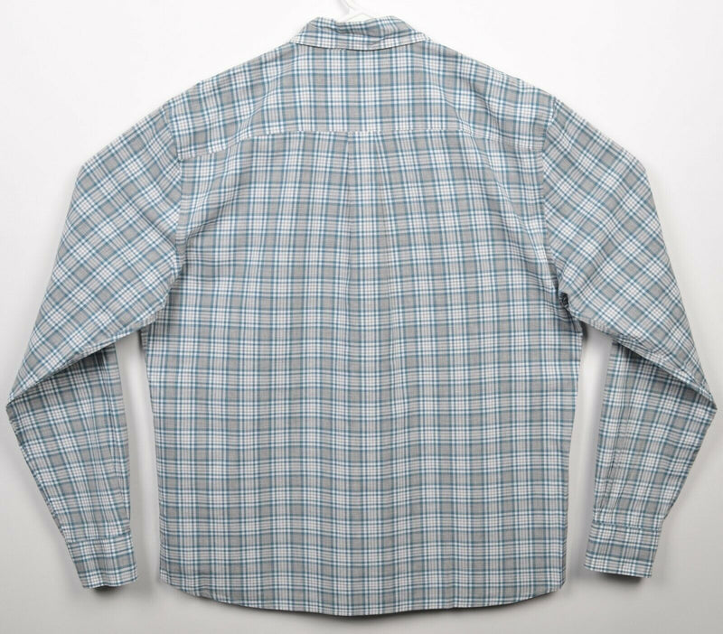 Johnnie-O Hangin' Out Men's Large Gray Teal Plaid Surfer Logo Button-Down Shirt