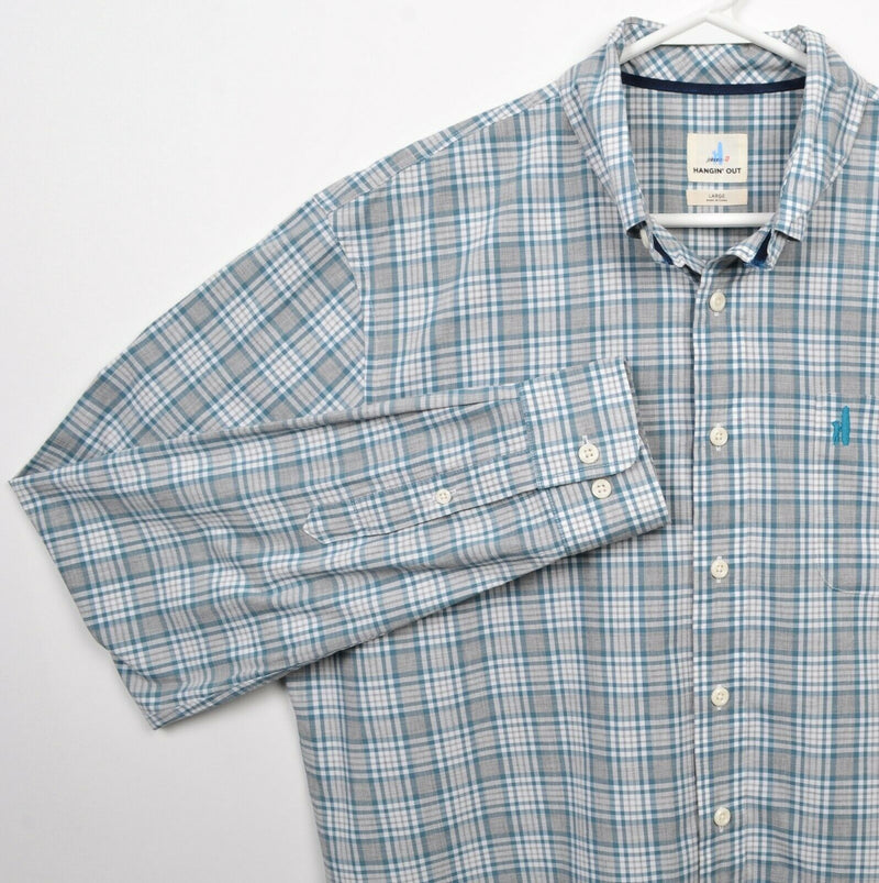 Johnnie-O Hangin' Out Men's Large Gray Teal Plaid Surfer Logo Button-Down Shirt