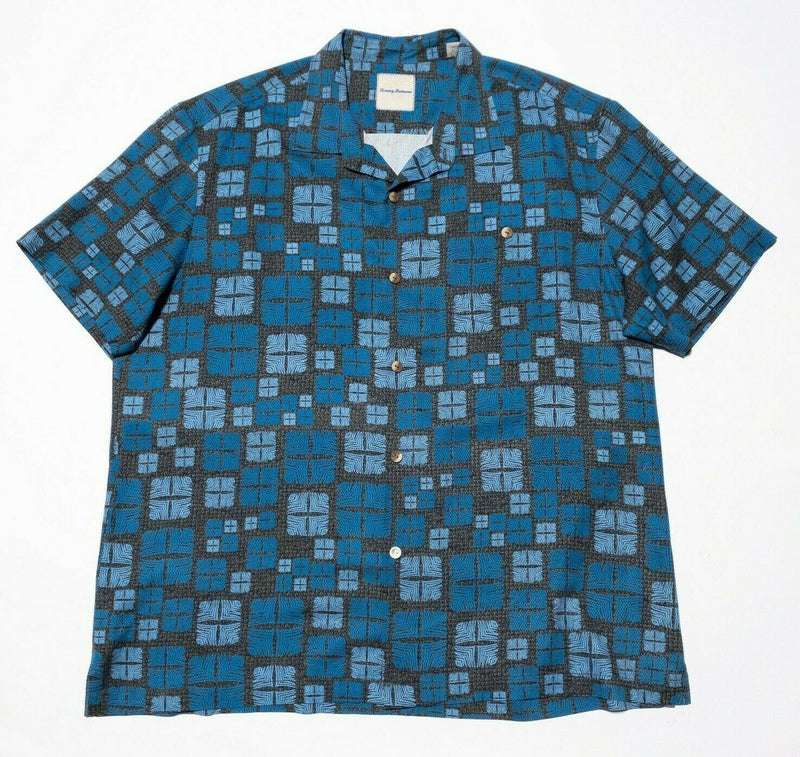 Tommy Bahama XXL Silk Camp Shirt Hawaiian Aloha Blue Geometric Short Sleeve