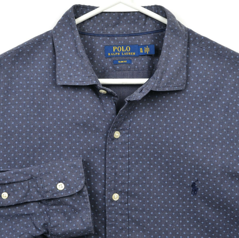 Polo Ralph Lauren Men's XL Slim Navy Blue Polka Dot Spread Collar Button Shirt