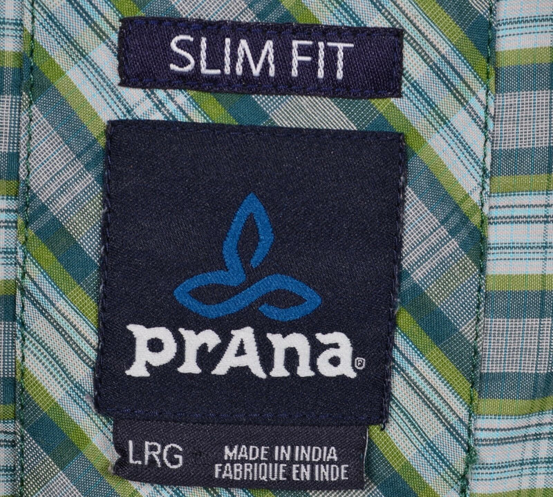 Prana Men's Large Slim Fit Pearl Snap Green Plaid Cotton Poly Blend L/S Shirt