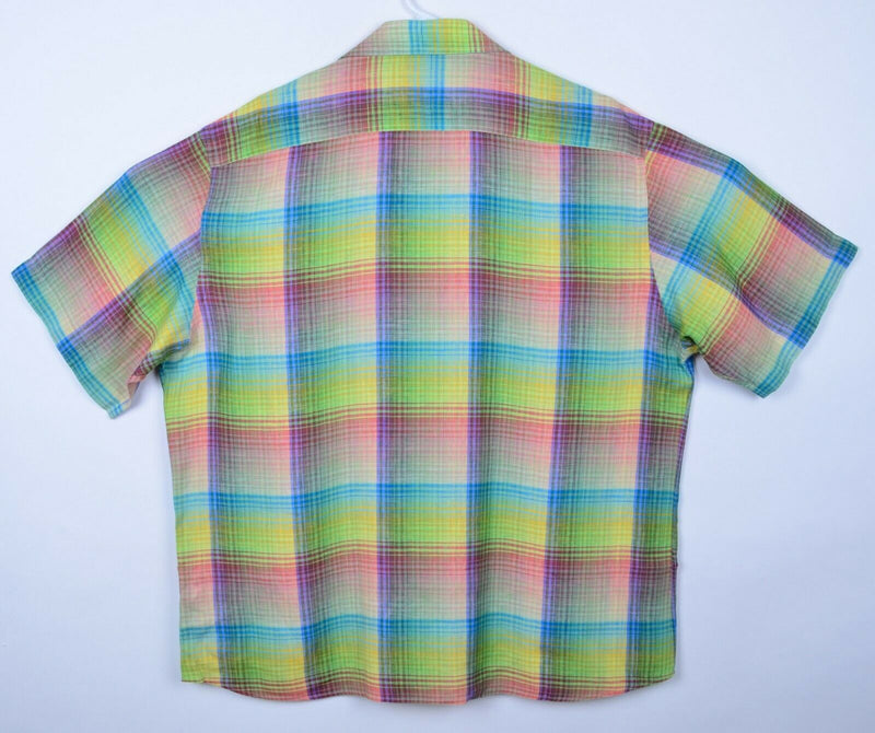 Stanza Men's Sz XL 17.5 100% Italian Linen Multicolor Plaid Short Sleeve Shirt