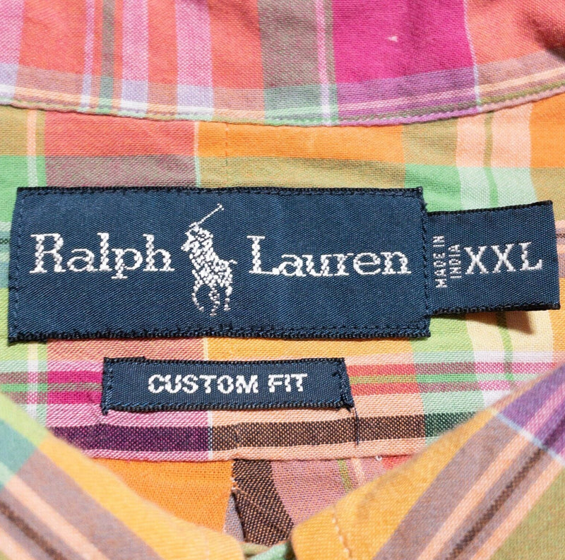 Polo Ralph Lauren Indian Madras Shirt Mens 2XL Colorful Plaid Orange Pink Button