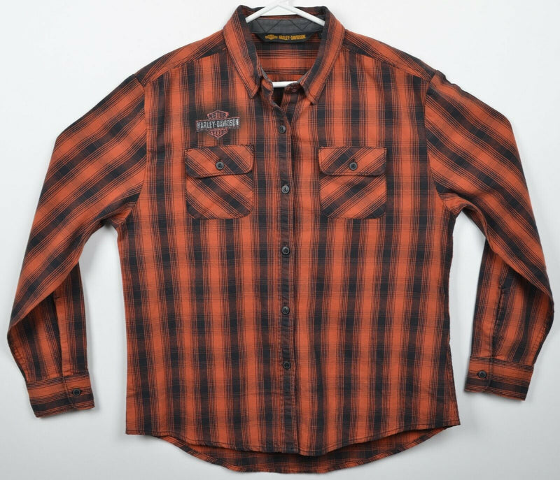 Harley-Davidson Women's Large Oak Leaf Orange Plaid Flannel Relaxed Fit Shirt