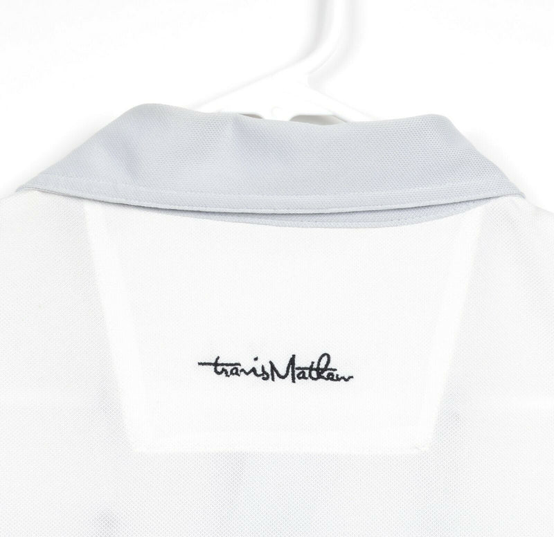Travis Mathew Men's Sz Large White Gray Striped Polyester Golf Polo Shirt