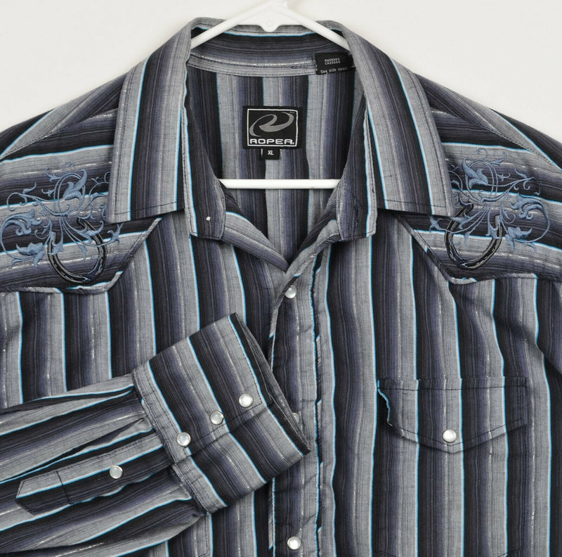 Roper Men's Sz XL Pearl Snap Embroidered Metallic Gray Striped Western Shirt