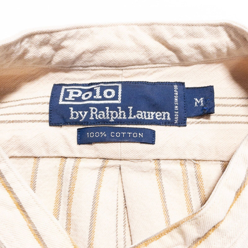 Polo Ralph Lauren Band Collar Shirt Men Medium Vintage 90s Beige Stripe Mandarin