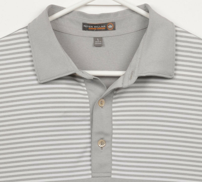 Peter Millar Summer Comfort Men's Large Gray Striped Wicking Golf Polo Shirt