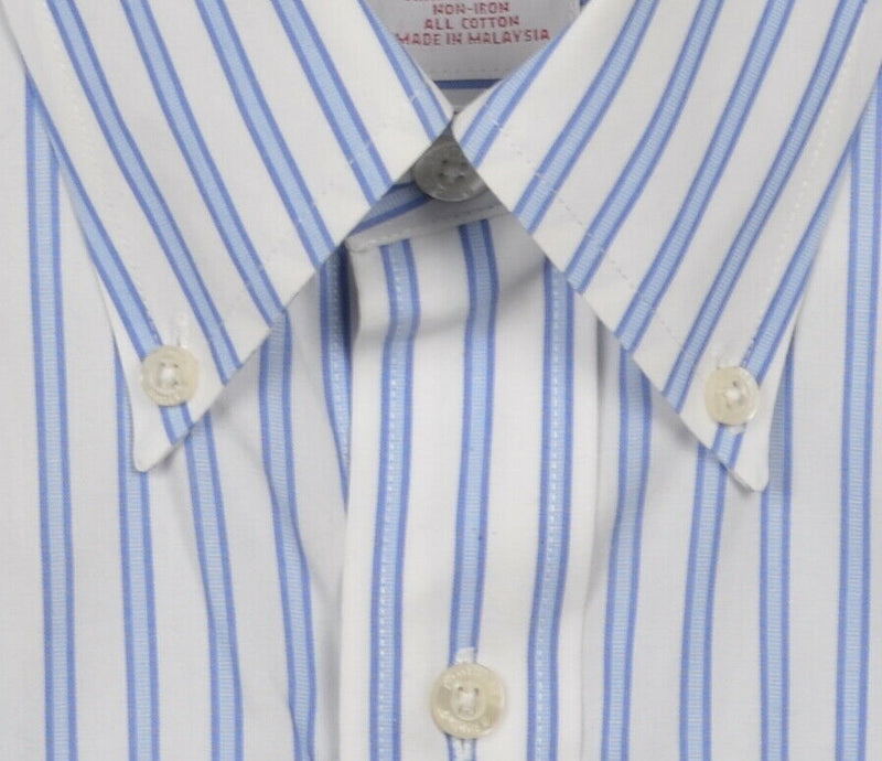 Brooks Brothers Men's Medium Non-Iron Blue White Stripe Button-Down Dress Shirt