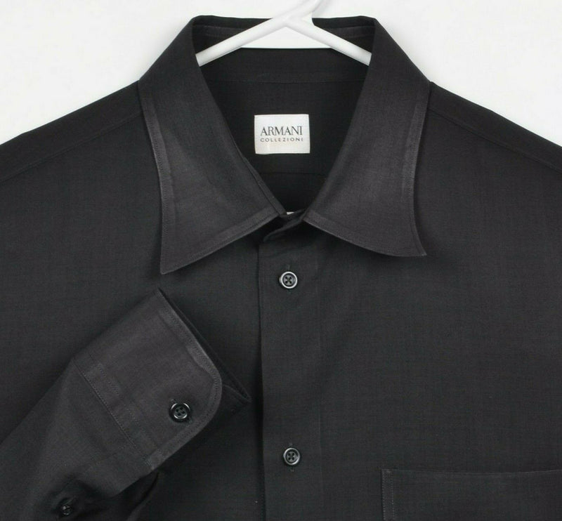 Armani Collezioni Men's Large Solid Black Polyester Dress Button-Front Shirt