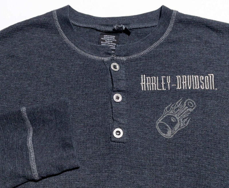 Harley-Davidson Henley T-Shirt Mens Large Engine Long Sleeve Gray Waffle Thermal