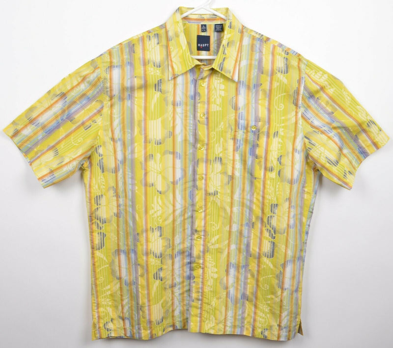 Haupt Germany Men's XL Floral Striped Yellow Textured Rayon Hawaiian Shirt