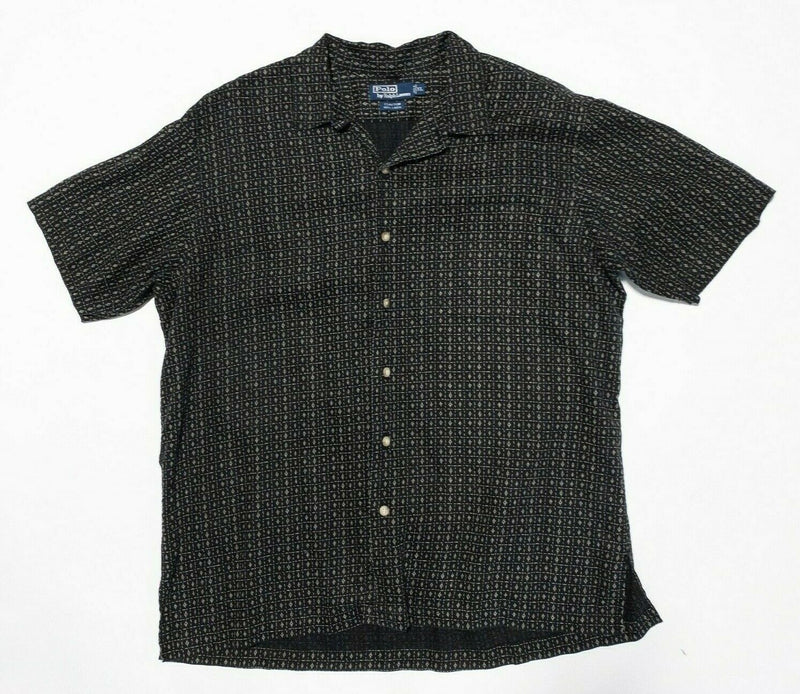 Polo Ralph Lauren Linen Shirt XL Men's Clayton Black Geometric Camp 90s Vintage