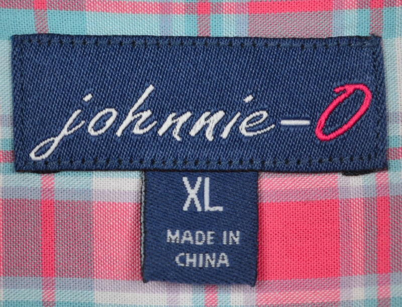 Johnnie-O Men's Sz XL Pink Turquoise Blue Plaid Surfer Logo Button-Down Shirt