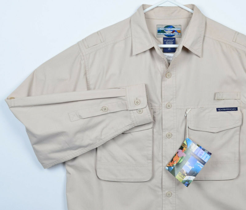 ExOfficio Men's Medium Vented Beige Fishing Travel Baja Long Sleeve Button Shirt