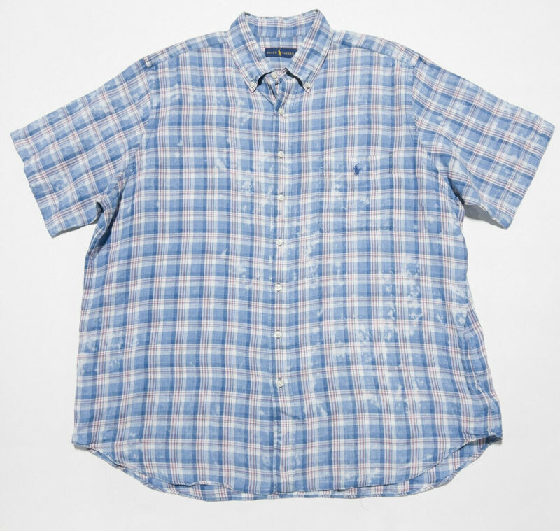 Polo Ralph Lauren Men 1XB (XL Big) Acid Wash Linen Blue Plaid Button-Front Shirt