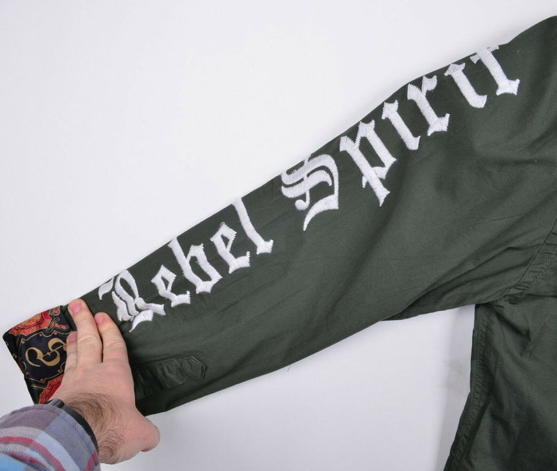 Rebel Spirit Men's Large Skull Flip Cuff Royal Way Embroidered Green Shirt