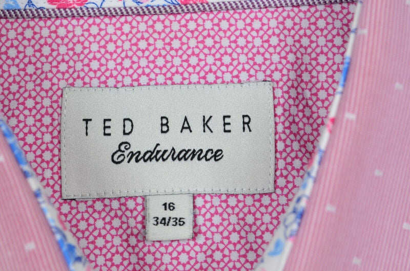 Ted Baker Men's 16 34/35 Flip Cuff Floral Pink Striped Endurance Dress Shirt