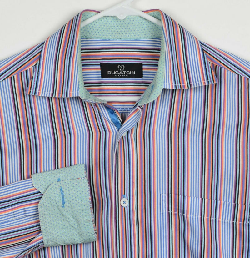 Bugatchi Uomo Men's Sz Medium Flip Cuff Multicolor Striped Casual Dress Shirt